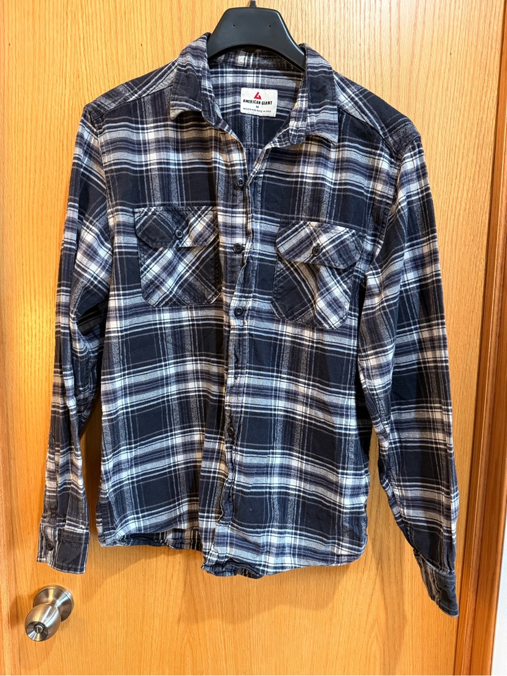 American Giant Navy and White Plaid Button-Down Shirt